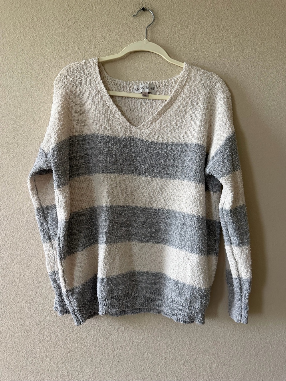 Knox Rose Striped V-Neck Sweater in Cream and Gray
